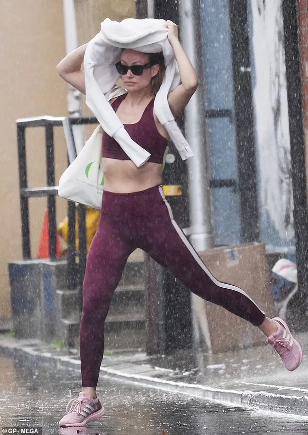 Olivia Wilde’s Rainy Day Style: Flaunting Abs in Crop Top and Leaping Over Puddles After Gym Session in LA.