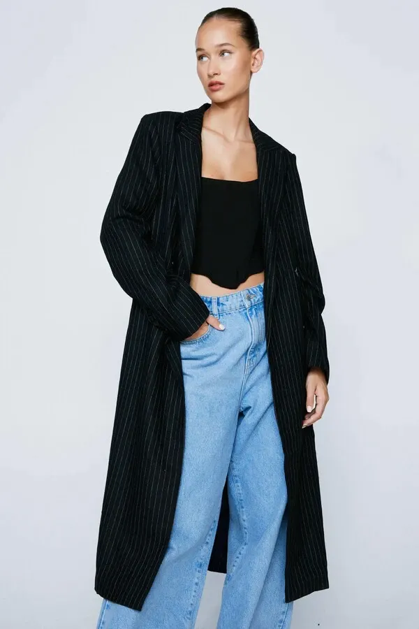 Nasty Gal Womens Pinstripe Belted Wool Mix Coat