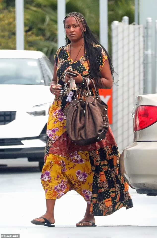 Sasha Obama’s Cool and Chic Summer Style: A Flowy Patchwork Dress for a Stylish Day Out in LA on Aug.1.2023