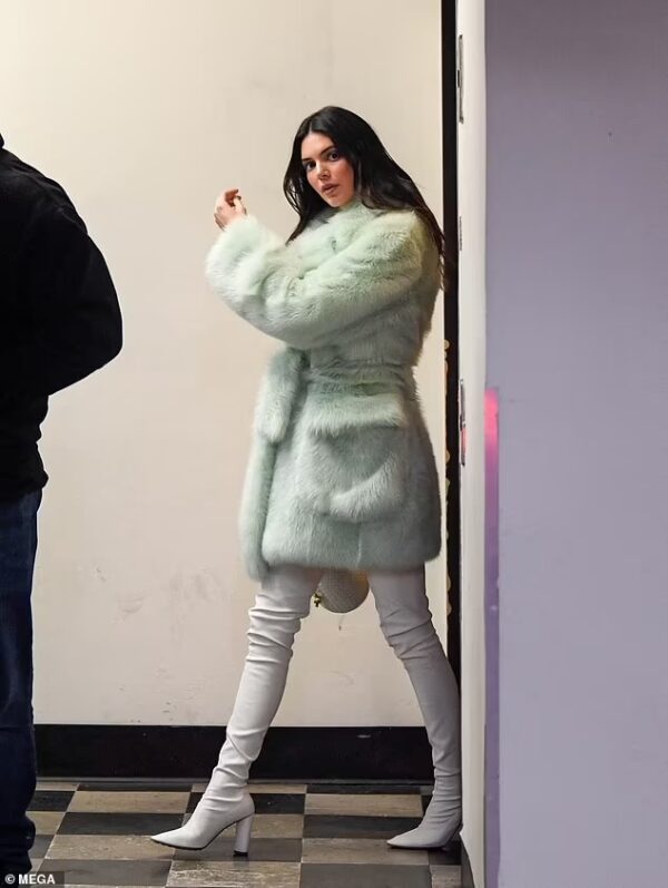 Kendall Jenner’s Glamorous Green Coat and Go-Go Boots Dinner Look on Oct 27, 2023
