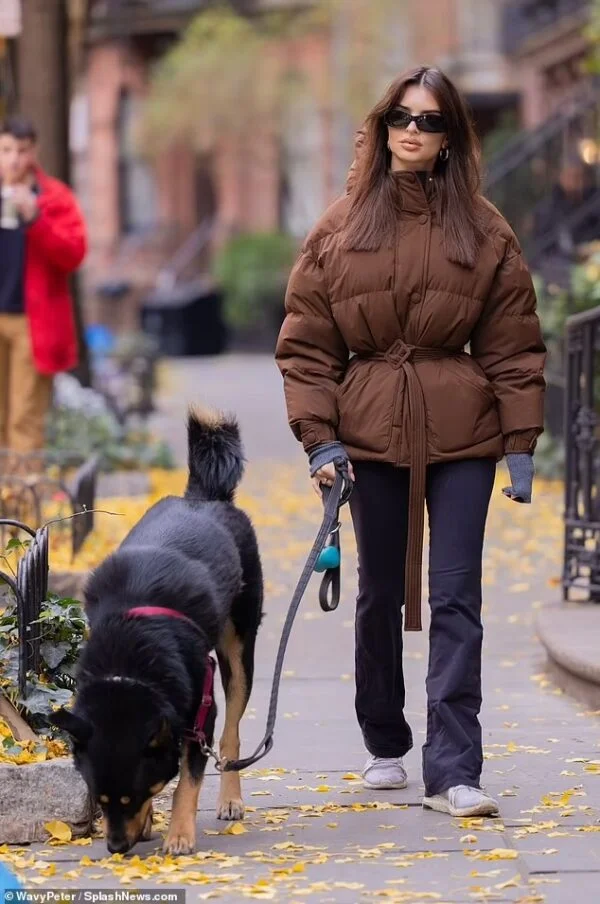 Emily Ratajkowski’s Cozy City Stroll: Brown Puffy Jacket and Yoga Chic on Nov 21, 2023