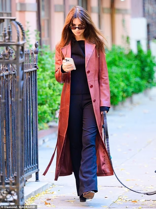 Emily Ratajkowski Dog walk leather trench coats