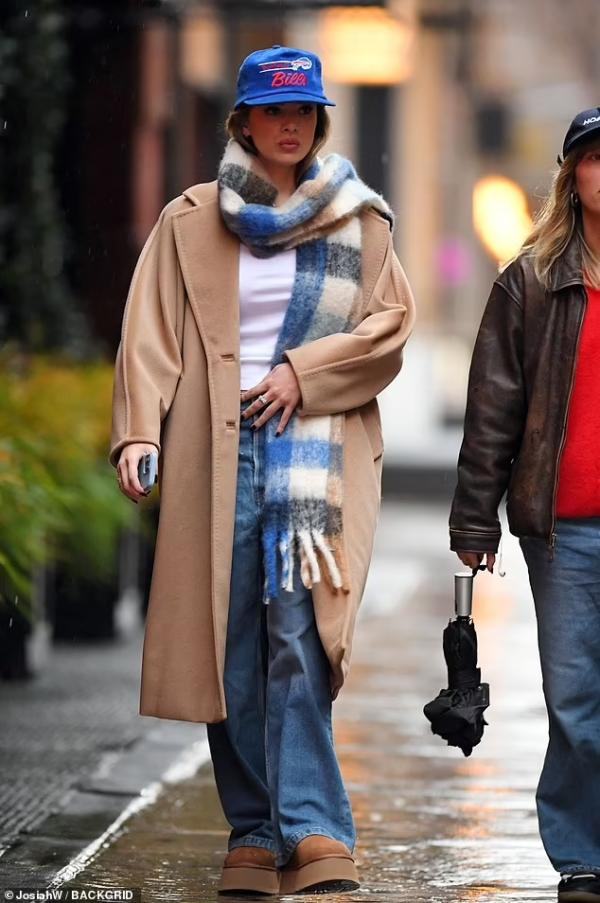 Hailee Steinfeld Stuns in Max Mara Coat and Buffalo Bills Hat in NYC on Dec 10, 2023