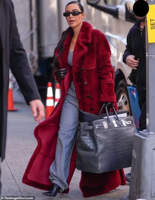 Kim Kardashian Redefines Luxury in a $110K Hermes Birkin 50 HAC and FW1996 Gucci by Tom Ford Burgundy Shearling Coat on Dec 2, 2023