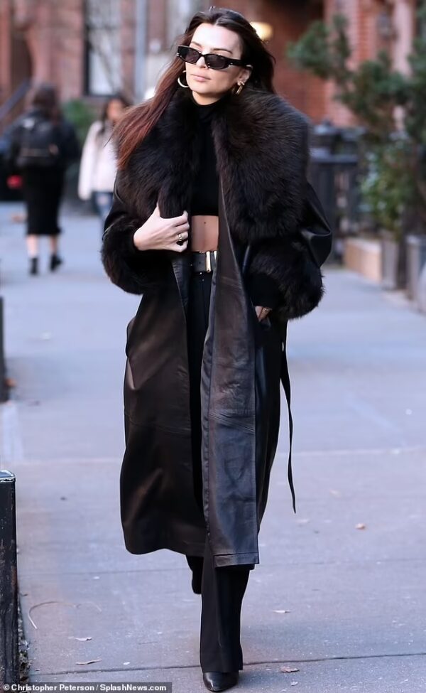 Emily Ratajkowski’s Espresso Elegance: Nour Hammour Freja Coat and More in NYC on Jan 11, 2024