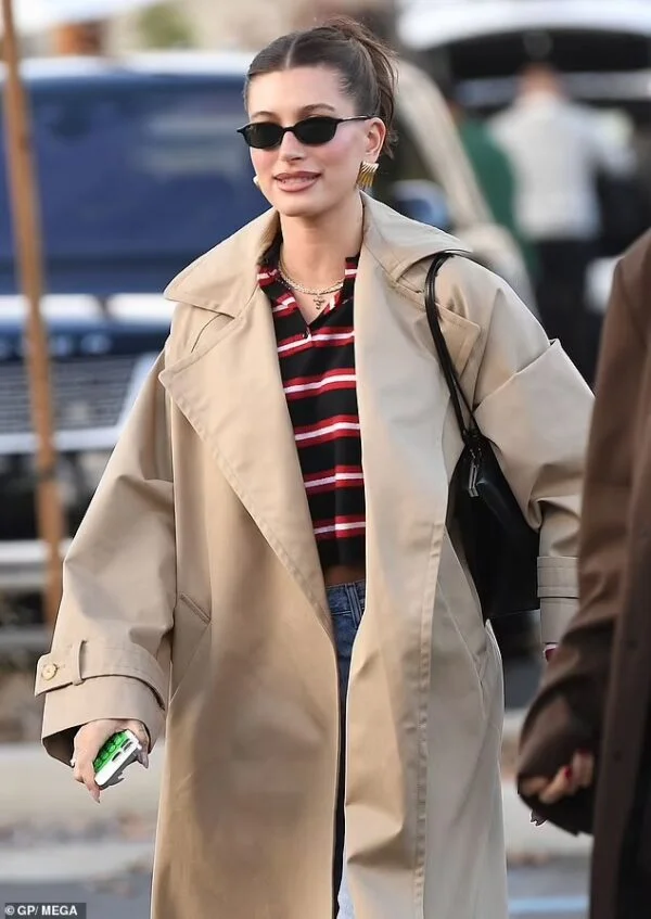 Chic Stripes and Brown Coats: Hailey Bieber’s Effortless LA Style on Jan 16, 2024