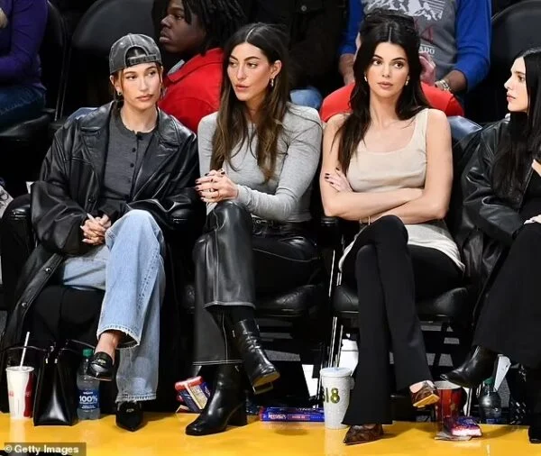 Courtside Chic: Kendall Jenner and Hailey Bieber Rock Leather Jackets at Lakers Game on Jan 16, 2024