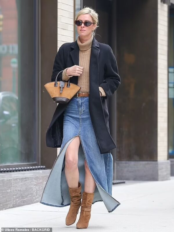 Urban Sophistication: Nicky Hilton’s NYC Street Style with Maxi Slit Denim Skirt on March, 2024