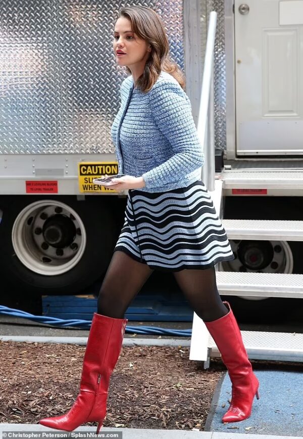 Selena Gomez’s Cozy Blue and Bold Red Ensemble on Set of “Only Murders In The Building” on May 2024